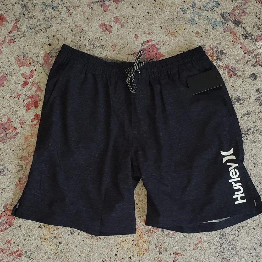 NWT Hurley Men's Volley Swim Shorts, Blue/Black, XL, 7.5" inseam